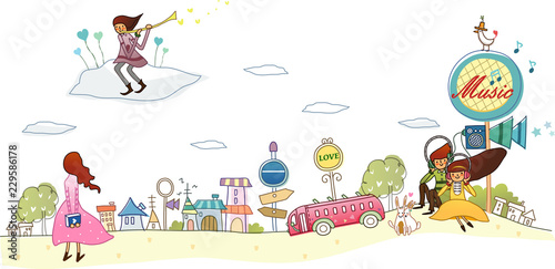 Couple listening to music with a woman looking at a man standing on a cloud and playing the trumpet