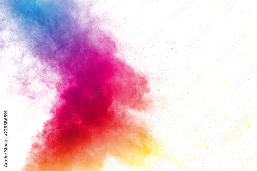 Fototapeta premium Abstract multi color powder explosion on white background. Freeze motion of dust particles splashing. Painted Holi in festival.
