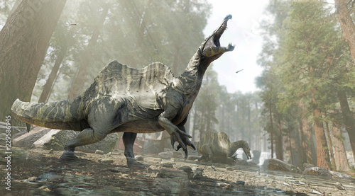 A 3D rendering of two Spinosaurus looking for food in a shallow river.