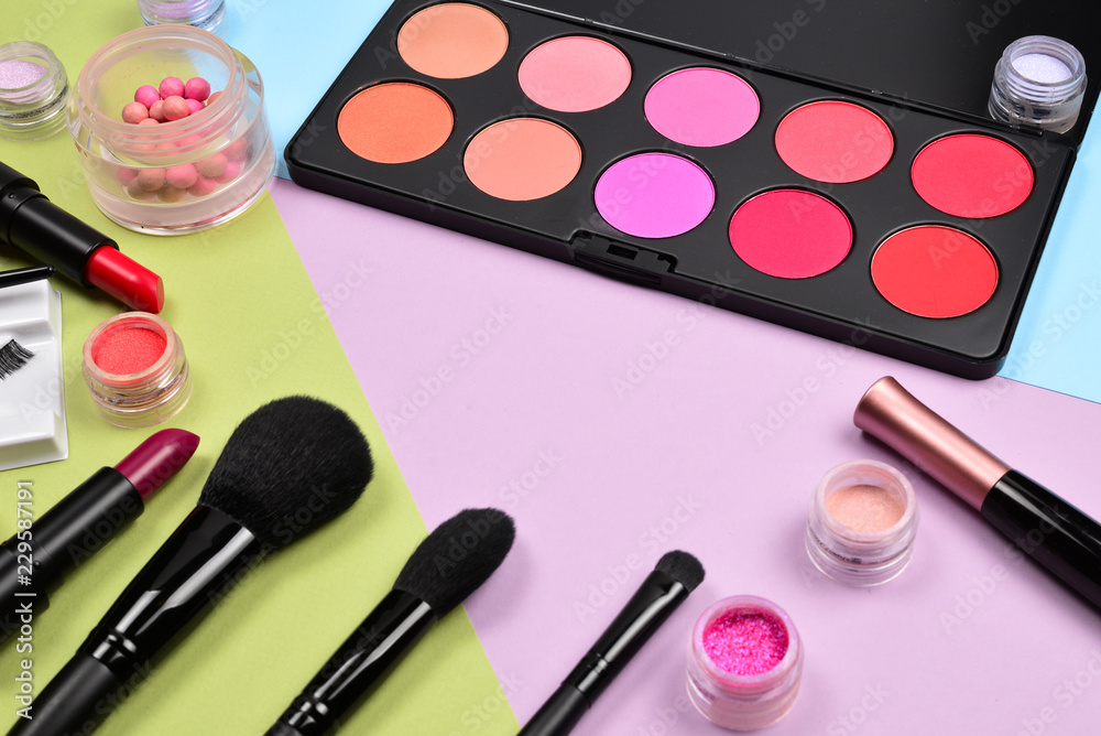 Professional makeup products with cosmetic beauty products, blushes, eye liner, eye lashes, brushes and tools. Professional makeup products with cosmetic beauty products, blushes, eye liner, eye lashes, brushes and tools.