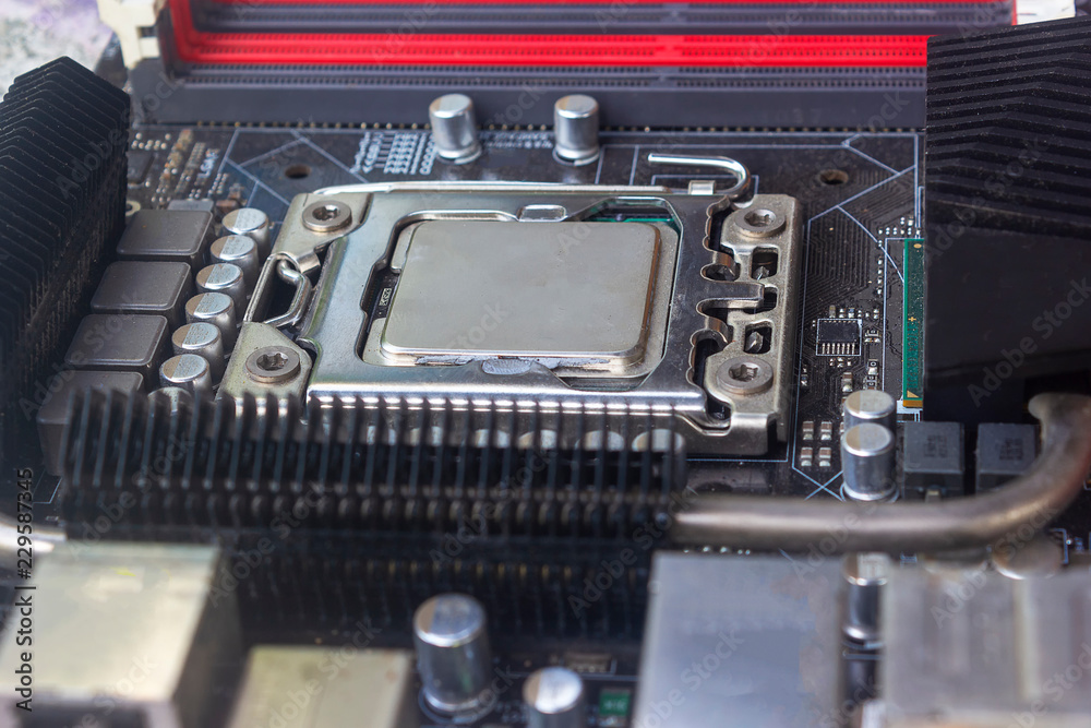 Close up cpu socket on motherboard Computer PC with cpu processor