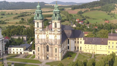 4K Drone aerial Grüssau, catholic old church, castle photo