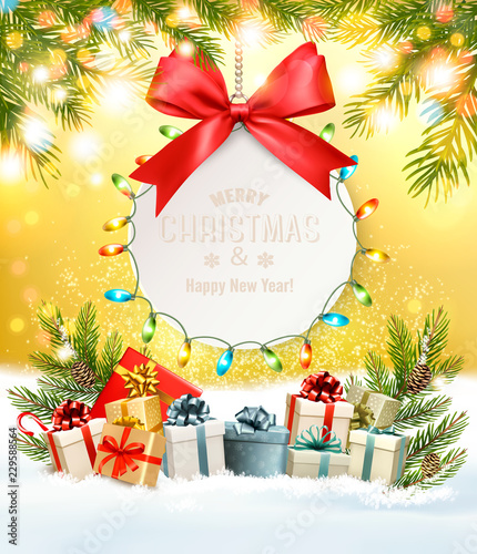 Holiday Christmas background with a gift card and a presents. Vector