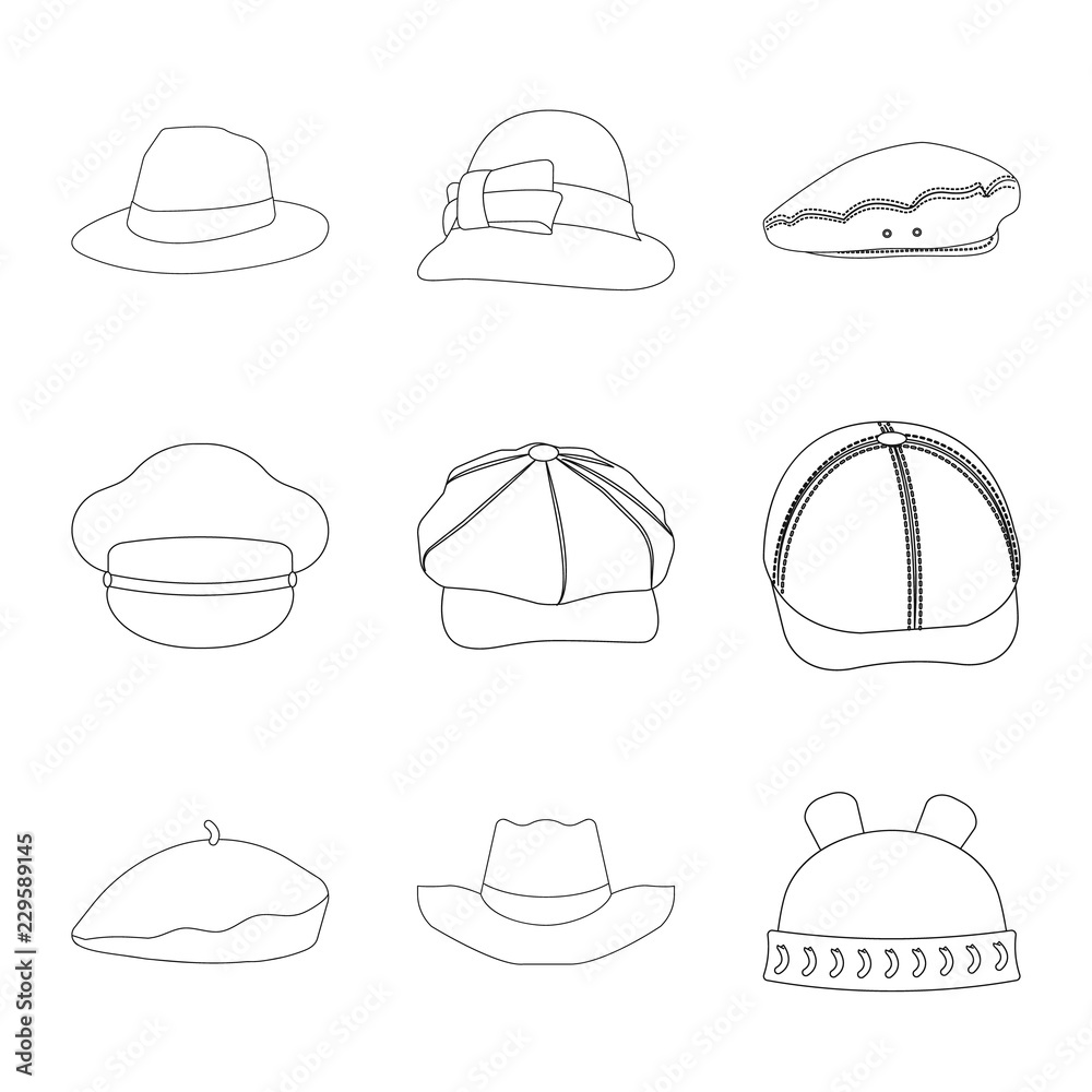 Vector design of headgear and cap symbol. Collection of headgear and accessory stock symbol for web. Vector design of headgear and cap symbol. Collection of headgear and accessory stock symbol for web.