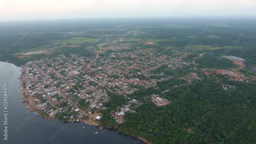 Oiapoque city in Brazil view by drone. Sunset time
