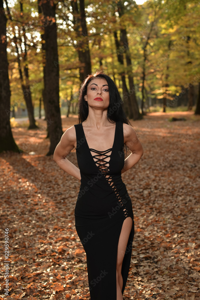 Beautiful woman wearing a long black dress posing in the woods on a sunny autumn afternoon. Beautiful woman wearing a long black dress posing in the woods on a sunny autumn afternoon.