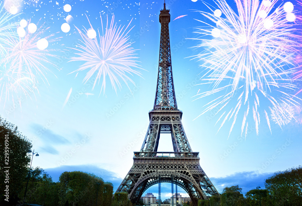 famouse eiffel Tower and light blue night with fireworks, France