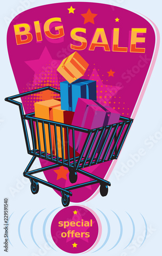 Big sale advertising sign with shopping cart