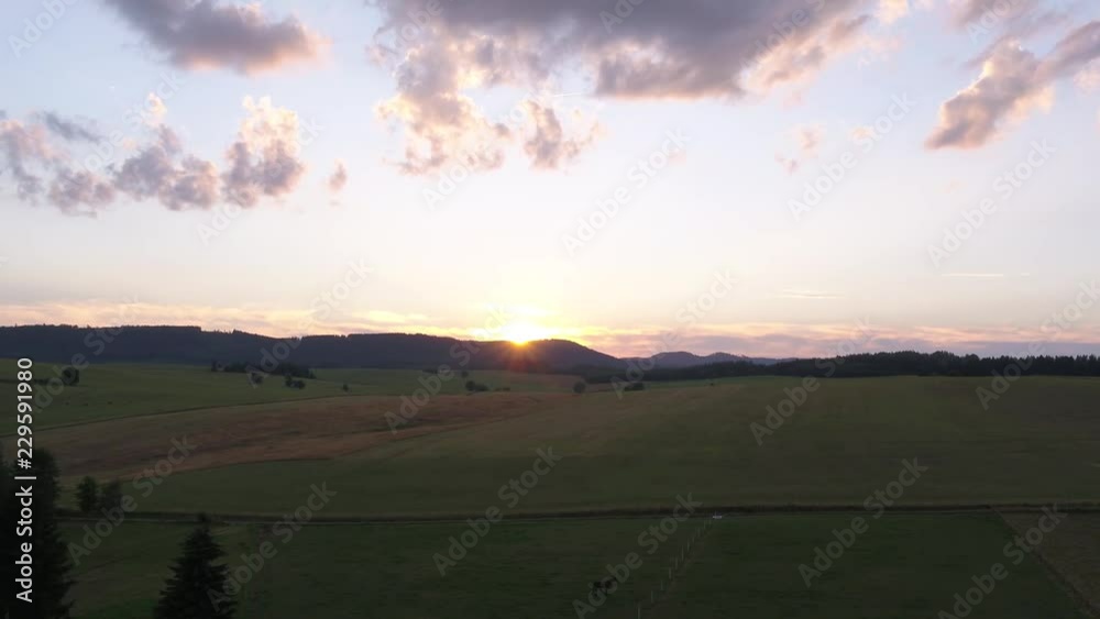 4K Drone aerial sunrise, sunset, sundown, Karpacz Schneekoppe, Giant Mountains, sun rays 