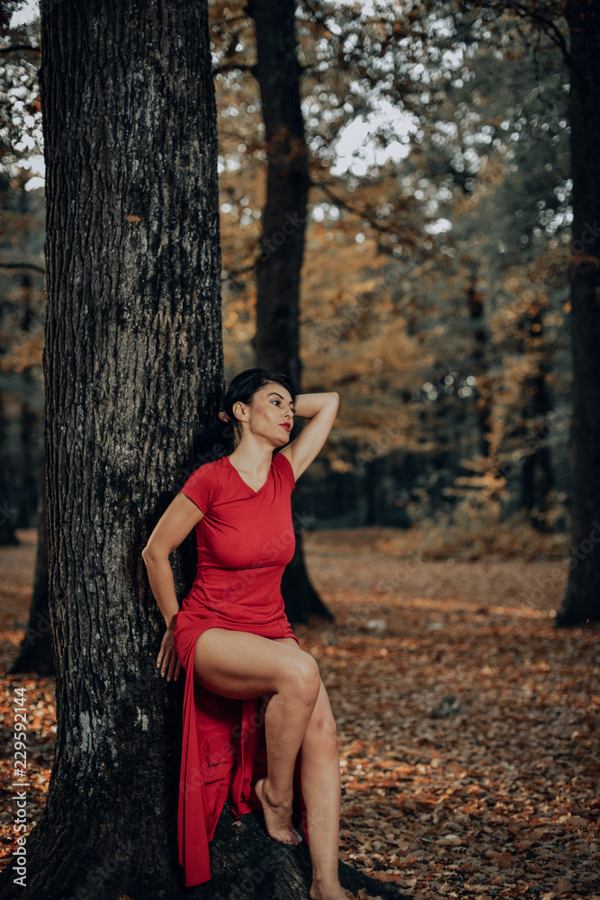 Young woman wearing a long red dress posing on a an autumn day in the woods. Young woman wearing a long red dress posing on a an autumn day in the woods.