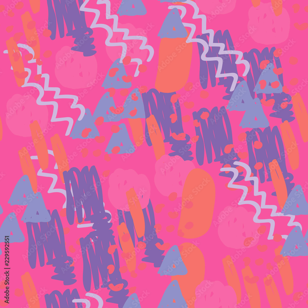 Modern hand draw colorful abstract seamless pattern with geometrical shapes: circles, triangles, lines. Vector illustration. Modern hand draw colorful abstract seamless pattern with geometrical shapes: circles, triangles, lines. Vector illustration.