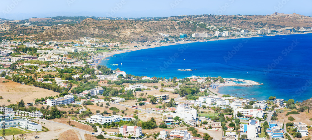 Panoramatic view of Faliraki beach lined with hotels (Rhodes, Greece)