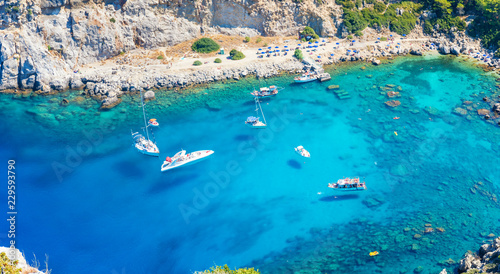 Aerial view of Anthony Quinn bay with boats (Rhodes, Greece)