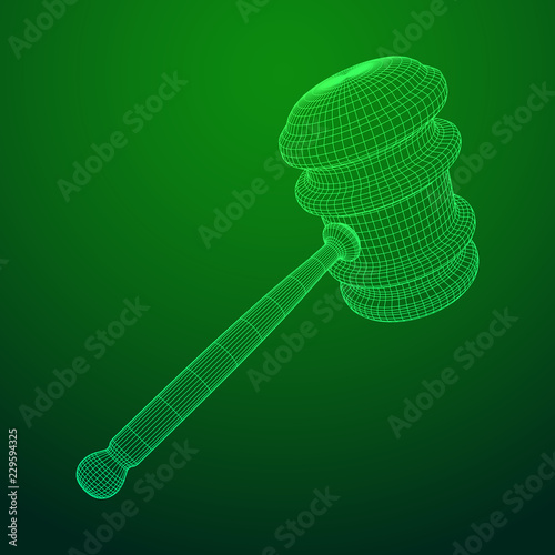 Gavel, hammer of judge or auctioneer. Wireframe low poly mesh vector illustration