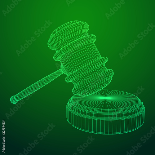 Gavel, hammer of judge or auctioneer. Wireframe low poly mesh vector illustration