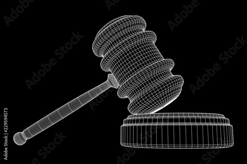 Gavel, hammer of judge or auctioneer. Wireframe low poly mesh vector illustration
