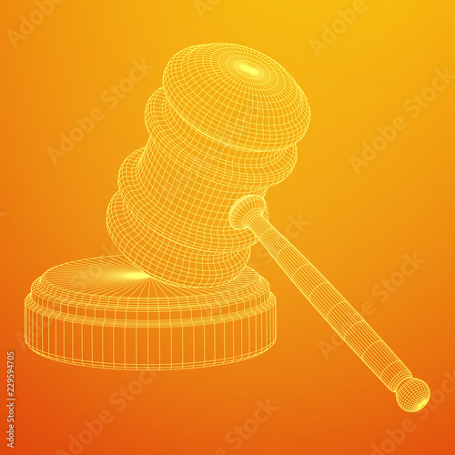 Gavel, hammer of judge or auctioneer. Wireframe low poly mesh vector illustration