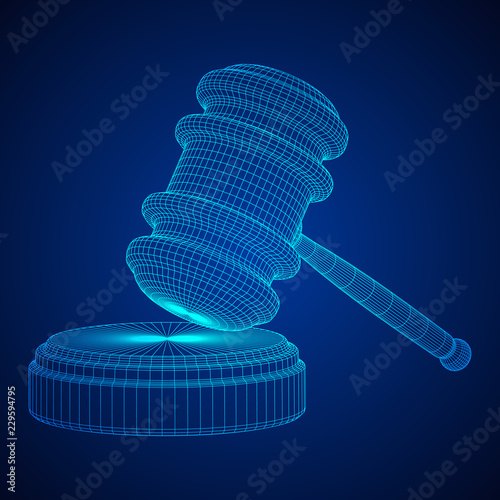 Gavel, hammer of judge or auctioneer. Wireframe low poly mesh vector illustration