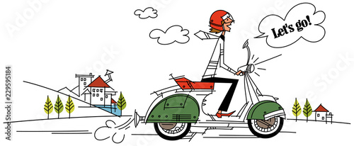 Side profile of a man riding a motor scooter