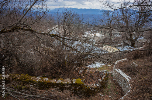 Beautiful winter landscape in ruined mountain village of Zagorohoria, Greece photo