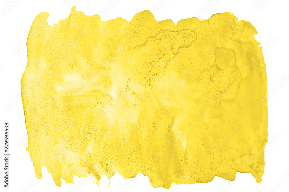 Yellow watercolor hand-drawn isolated wash stain on white background for text, design. Abstract texture made by brush for wallpaper, label.
