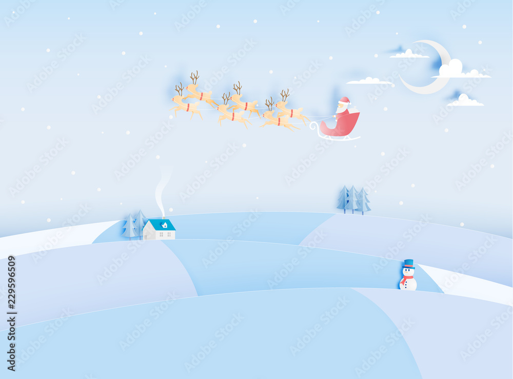 Santa claus on the sleigh with beautiful sky in paper art and pastel schenme