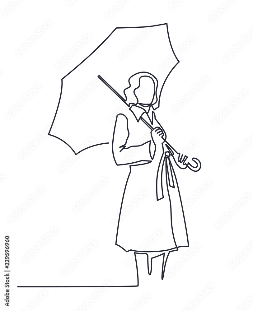 Continuous Line Drawing of young woman is standing under an umbrella in a fashionable autumn coat. Vector One Line Sketch.