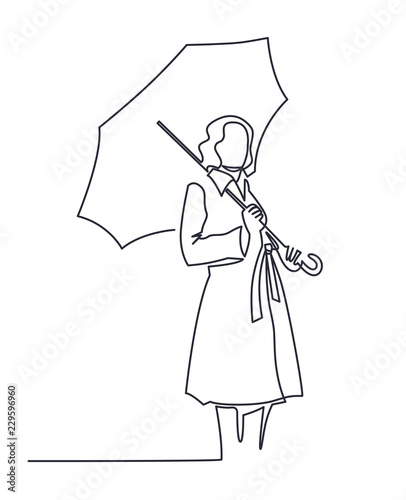 Continuous Line Drawing of young woman is standing under an umbrella in a fashionable autumn coat. Vector One Line Sketch.