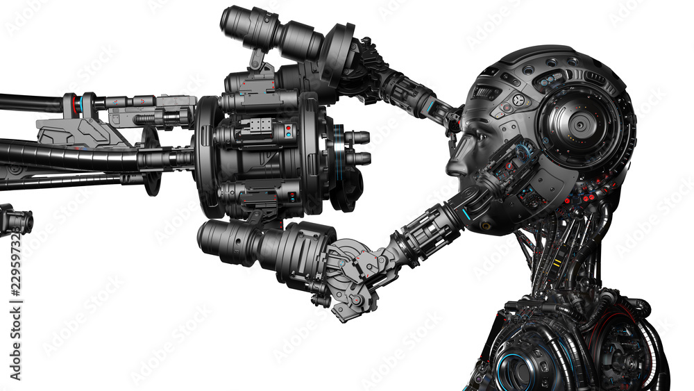 Futuristic robot man being constructed by robotic arm or cyborg under construction. Isolated on white background. 3D illustration. Futuristic robot man being constructed by robotic arm or cyborg under construction. Isolated on white background. 3D illustration.