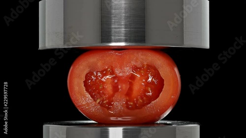 tomato sectioned under a hydraulic press, close-up