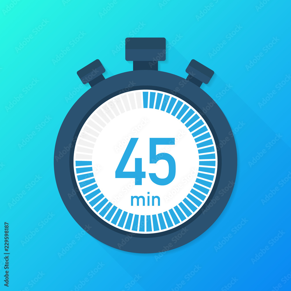The 45 minutes, stopwatch vector icon. Stopwatch icon in flat style, timer on on color background. Vector illustration. The 45 minutes, stopwatch vector icon. Stopwatch icon in flat style, timer on on color background. Vector illustration.