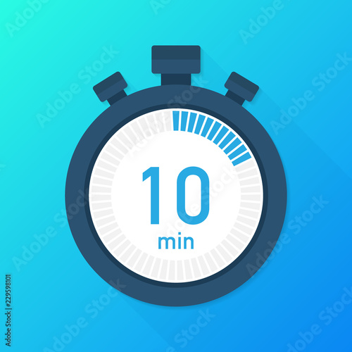 The 10 minutes, stopwatch vector icon. Stopwatch icon in flat style, timer on on color background.  Vector illustration.