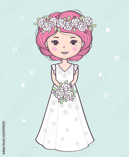 Vector illustration with a beautiful bride in a wedding dress holding bouquet. Cute cartoon bride character