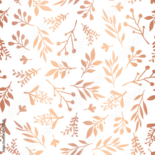 Copper foil florals seamless vector background. Rose gold abstract wildflower grass shapes on white background. Elegant holiday pattern - scrap booking, banner, packaging, wedding, party, invitation