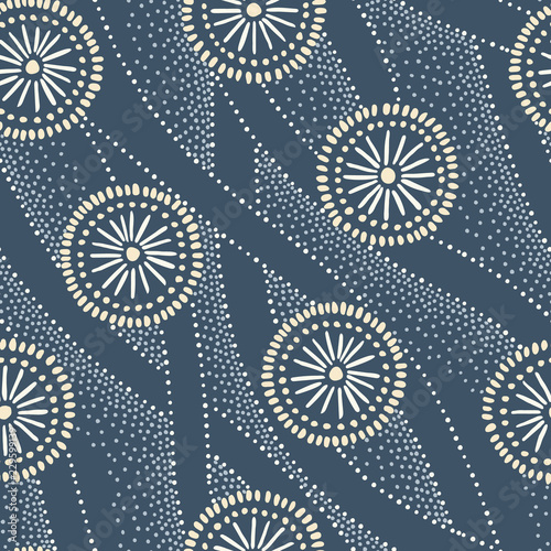 Indigo Hand-Drawn Japanese Circles and Waves Vector Seamless Pattern. Traditional Katazome Katagami Abstract Dyed