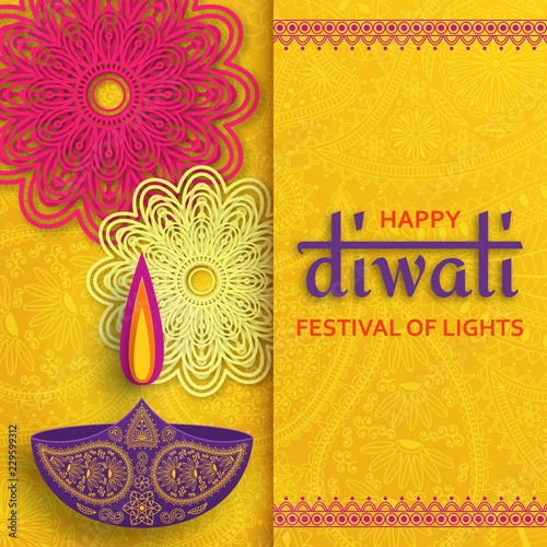 Greeting card for Diwali festival celebration in India. Vector illustration