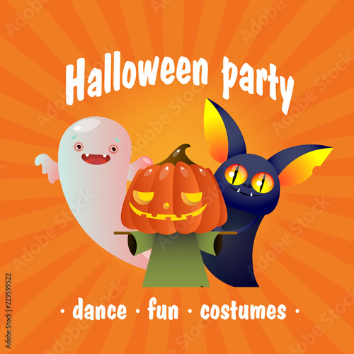 Halloween party festive invitation. Creative lettering with cute bat, boogie and straw man on orange background. Can be used for invitations, greeting cards, posters