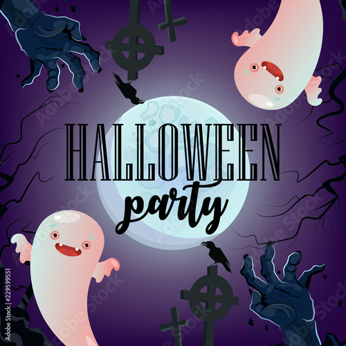Halloween party invitation with ghosts and zombie hands. Creative lettering with cartoon poltergeists and zombie hands with full moon. Can be used for banners, posters, leaflets