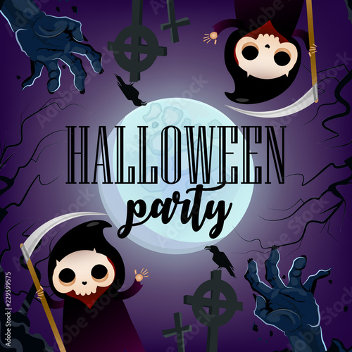 Halloween party invitation with skeletons and zombie hands. Creative lettering with cartoon skeletons and zombie hands with full moon. Can be used for banners, posters, leaflets
