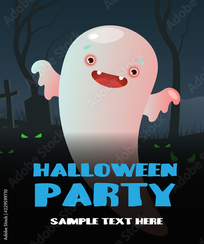 Halloween party with cute ghost and green eyes invitation. Creative inscription with cartoon poltergeist and green mystic eyes. Can be used for invitations, postcards, banners