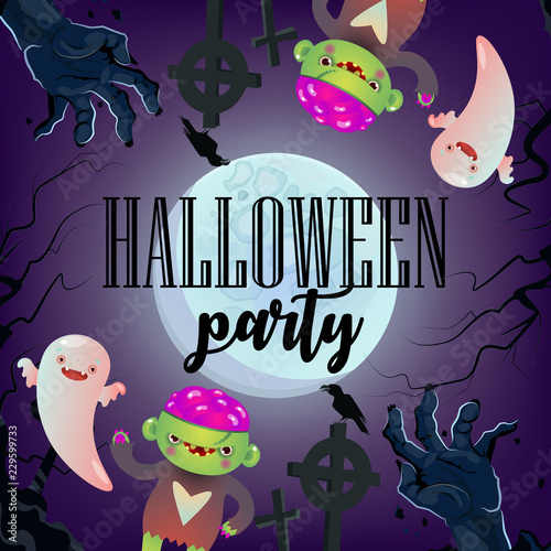 Halloween party with cute ghosts and  monsters poster. Creative lettering with cute ghosts, monsters  and  full moon on background. Can be used for banners, posters, leaflets