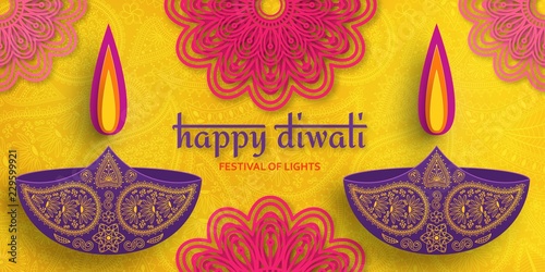 Greeting card for Diwali festival celebration in India. Vector illustration