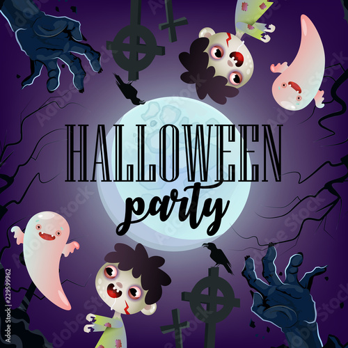 Halloween party with zombie boy and full moon. Creative lettering with zombie boy, cute ghosts and  full moon on background. Can be used for banners, posters, leaflets