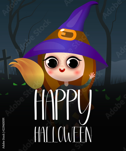 Happy Halloween dark invitation with cute hex. Creative lettering with cartoon witch on dark background with mystic green eyes. Can be used for invitations, postcards, banners