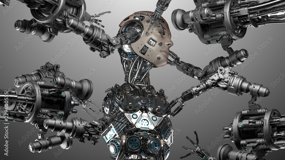Futuristic Robot Man or cyborg is being constructed by robotic arms or mechanical hands. Isolated on gray background. 3D Render. Futuristic Robot Man or cyborg is being constructed by robotic arms or mechanical hands. Isolated on gray background. 3D Render.