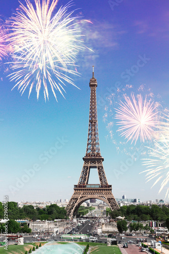 view of Eiffel Tower and Paris cityscape with fireworks, France
