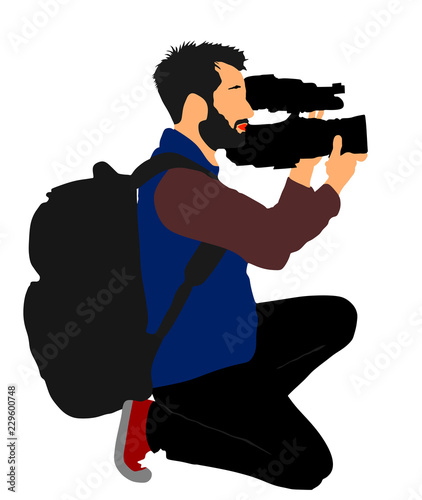 Cameraman with video camera and backpack on event, concert, sport event, vector illustration isolated on background. Breaking news in studio. Broadcast live. Camera man on duty.