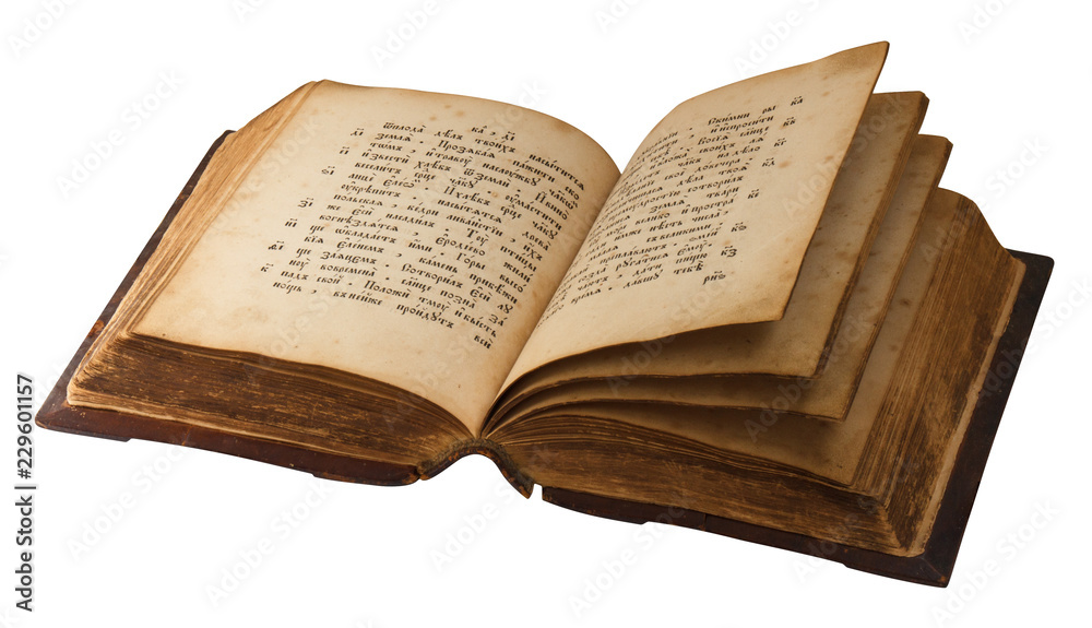 ancient religion opened book, hymnal with old russian text, isolated on white background ancient religion opened book, hymnal with old russian text, isolated on white background