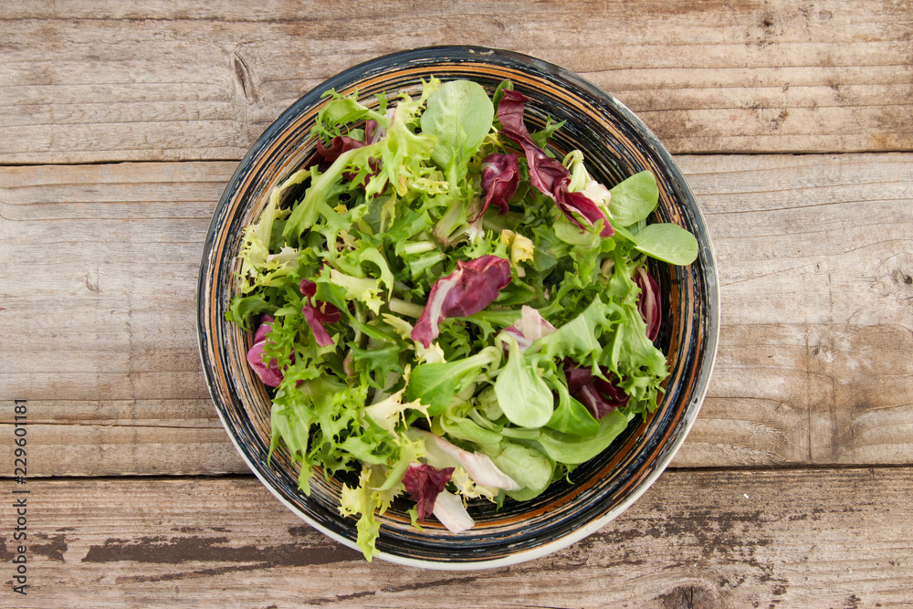 Healthy food. Fresh green salad with spinach,arugula,romaine and lettuce, copy space Healthy food. Fresh green salad with spinach,arugula,romaine and lettuce, copy space