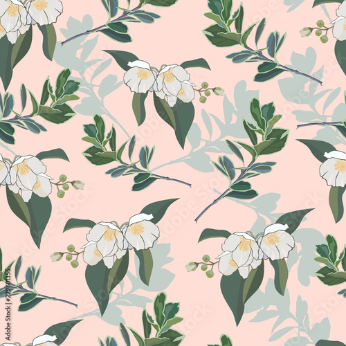 Floral pattern with delicate white flowers on pink background. Seamless background for fabrics and prints.